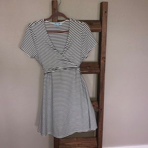 White with black stripes tie back dress